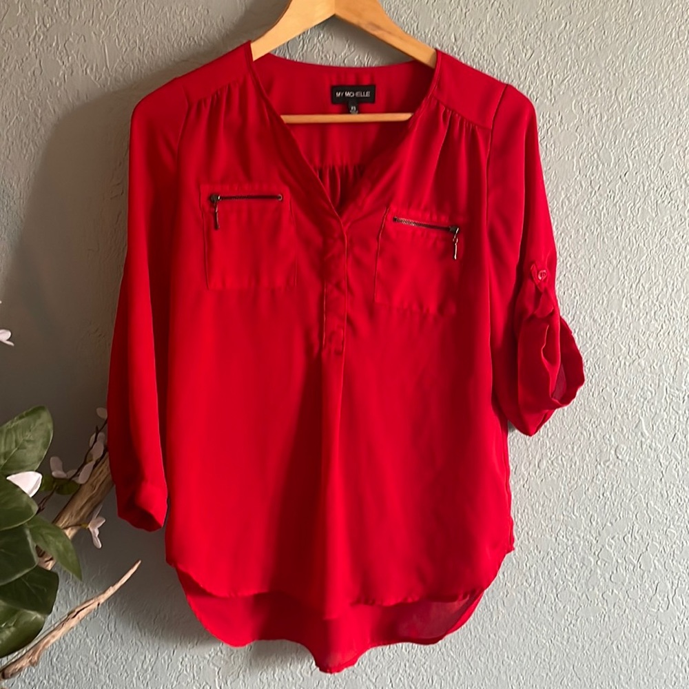 1/2 button down blouse real zipper pockets 1/2 or 3/4 button cinched